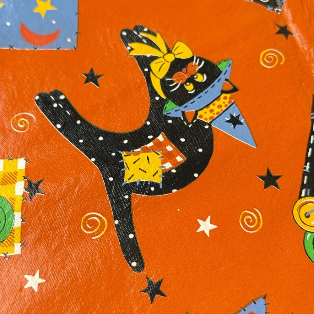 Halloween Vinyl/Flannel Backed Tablecloth Orange Black Cat Moon Stars 86